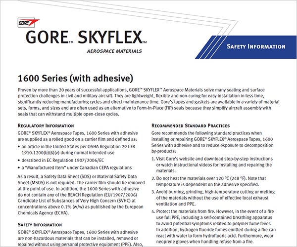 Safety information for GORE® SKYFLEX® Aerospace Tapes, 1600 Series (with Adhesive)