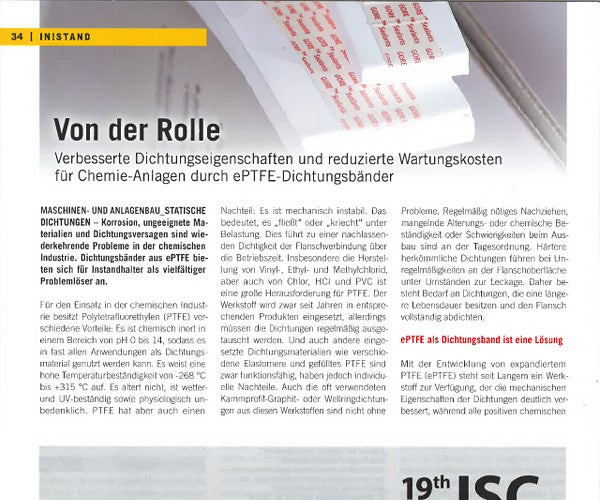 Von der Rolle - Verbesserte Dichtungseigenschaften und reduzierte Wartungskosten für Chemie-Anlagen durch ePTFE-Dichtungsbänder