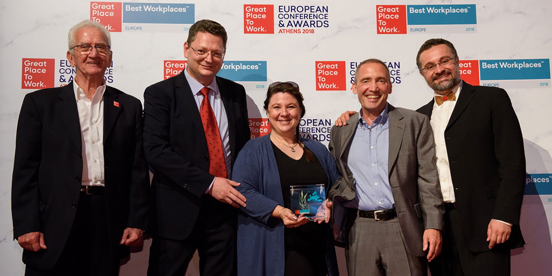 Maurício Korbivcher (GPTW), John Bloem (Member of the Executive Board of the Spanish W. L. Gore y Asociados, S.L.), Geraldine Mondou (HR Director at W. L. Gore & Associés S.A.R.L., France), Michael Haag (External Affairs W. L. Gore & Associates GmbH, Putzbrunn) und Andrea Montuschi (GPTW).