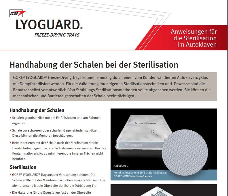 Sterilisationshinweise für GORE LYOGUARD Trays