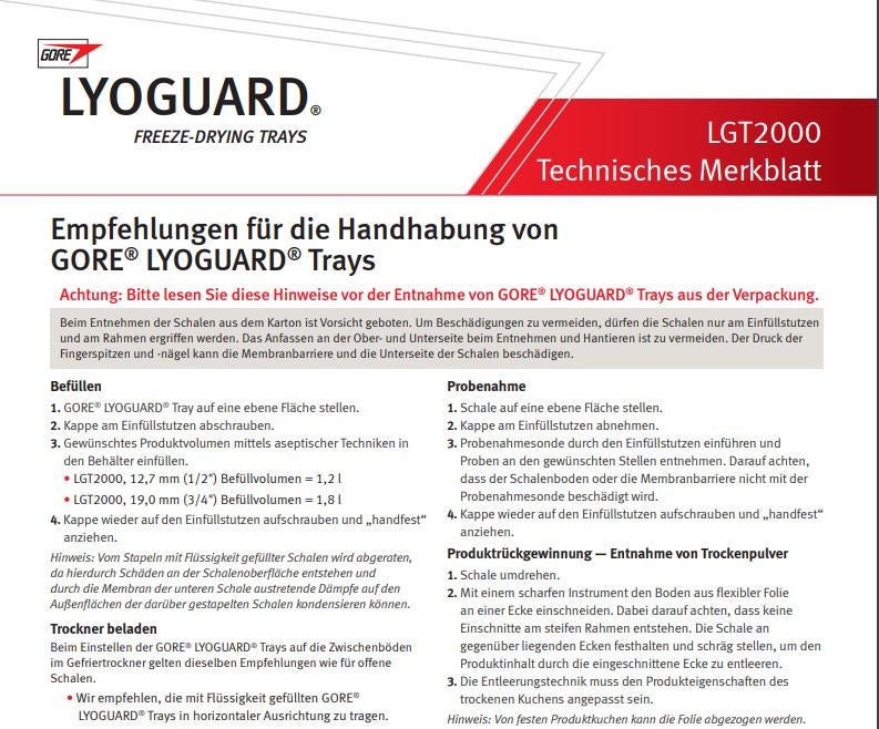 Gebrauchshinweise für GORE LYOGUARD Trays