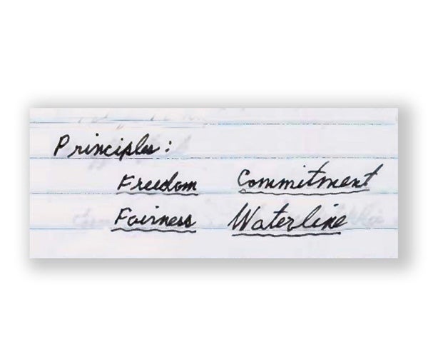Ein Bild mit den vier Prinzipien von Gore: „Freedom“, „Fairness“, „Commitment“ und „Waterline“