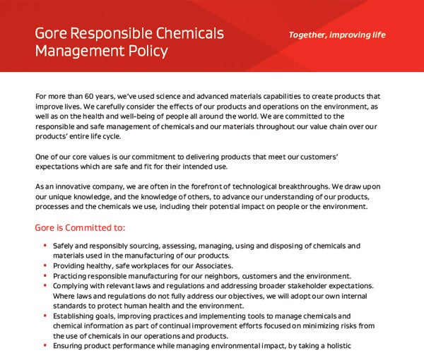 A screen shot of the responsible chemicals management policy.