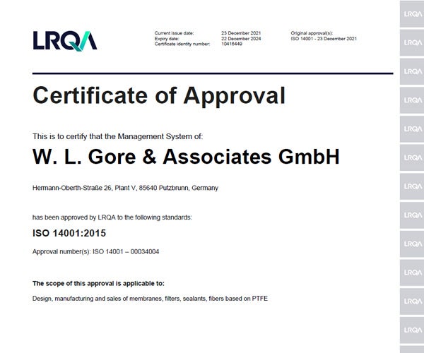 Die erste Seite des ISO14001-Zertifikats.