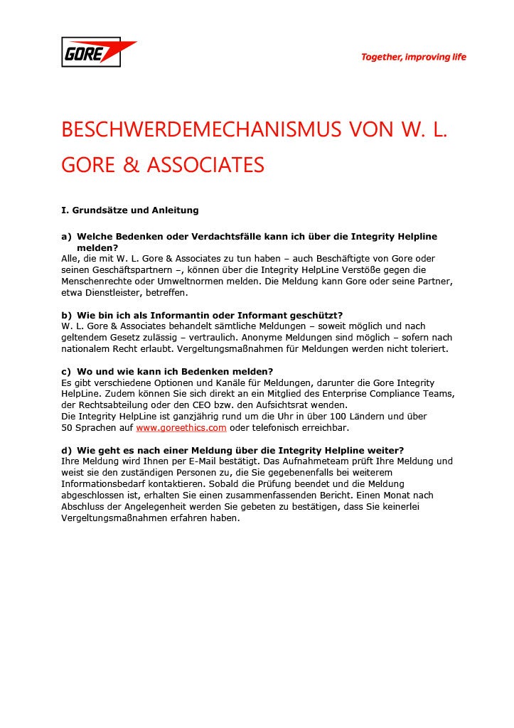 Beschwerdemechanismus Von W. L. Gore & Associates