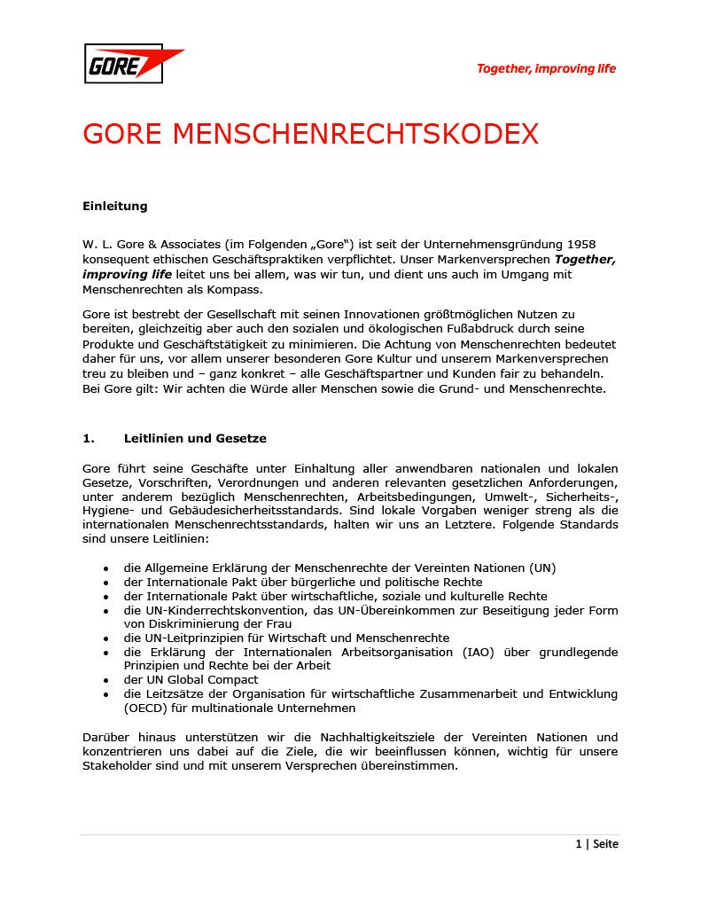 First page of the Gore Human Rights Policy