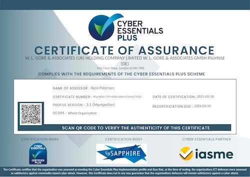 image of CyberEssentials+ Certificate of Assurance