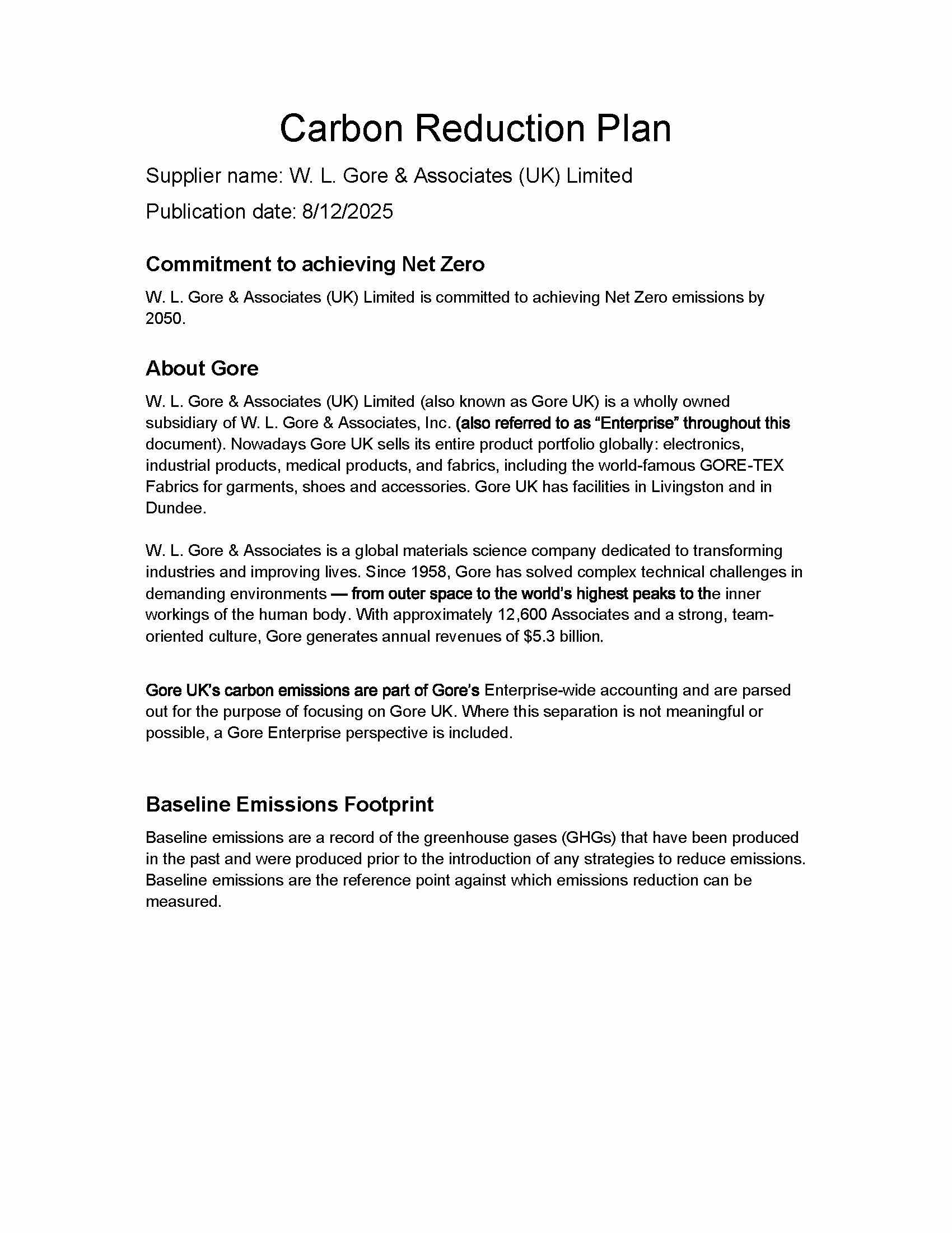 First page of the Gore Carbon Reduction Plan