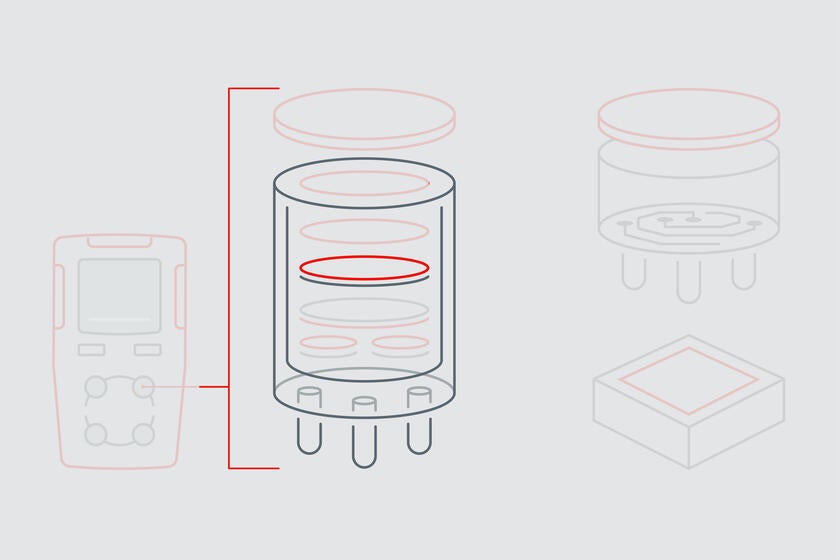 Die Infografik hebt die Membran an der Arbeitselektrode eines elektrochemischen Gassensors hervor.