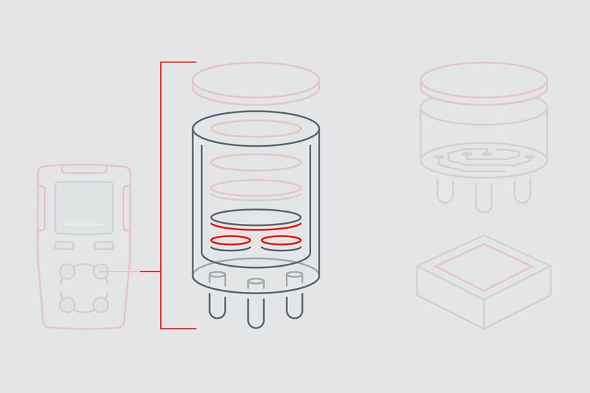 Die Infografik hebt die Membran an der Referenz- und Gegenelektrode eines elektrochemischen Gassensors hervor.