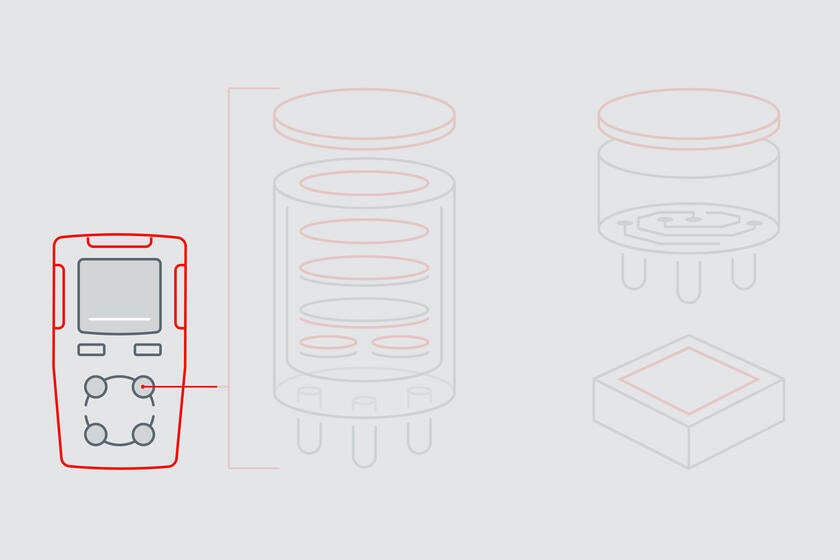 Die Infografik hebt die äußere Form eines elektrochemischen Gassensors hervor, um die Schutzfunktion von GORE® Protective Vents zu demonstrieren.